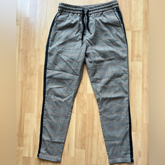 Brown, black and burnt orange plaid elastic waist, comfortable straight leg pant - Picture 4 of 6